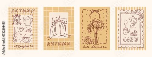Whimsical Autumn poster collection. Fall cards set, hand drawn line art illustration. Cozy Autumn breakfast cafe wall art. Fall aesthetic stamp design. Cozy cottagecore autumn frame card set, vector