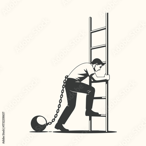 Vector art of man with ball and chain climbing a ladder, symbolizing struggle and overcoming obstacles in life
