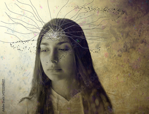Conceptual portrait of a young woman with abstract lines and birds emerging from her head