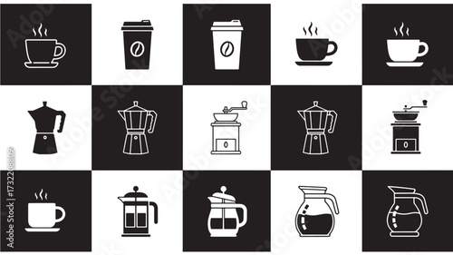 Coffee preparation icons vector line art set for cafe menu and branding isolated on checkered backgr