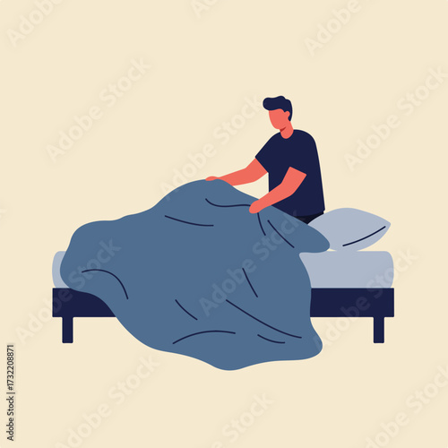 Person making a bed with blue covers on tan background, flat vector art