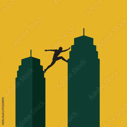 Figure leaping between dark-green building silhouettes on mustard yellow