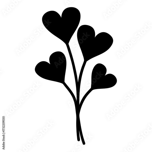 Stylized bouquet of love featuring four hearts on stems in black and white
