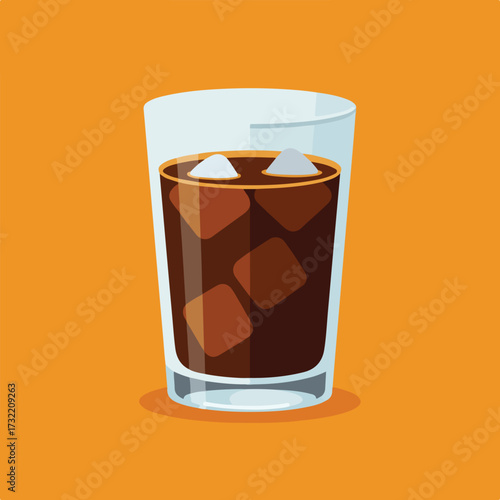 A glass filled with brown beverage & ice on a solid orange background