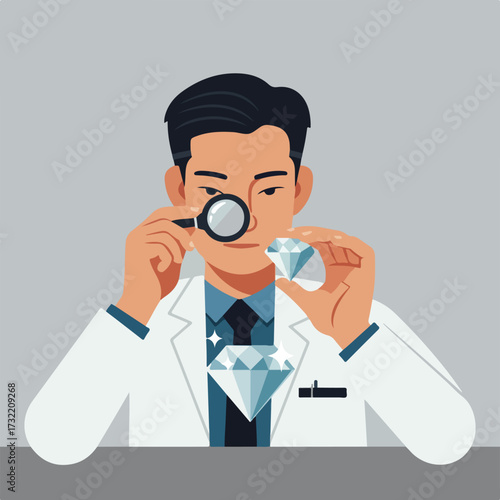 Man with loupe examining a diamond in a lab, wearing a white coat
