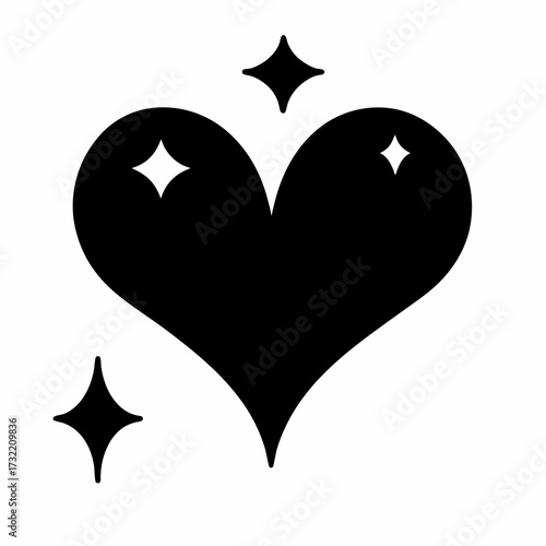 Elegant black heart shape adorned with sparkling stars on a white background