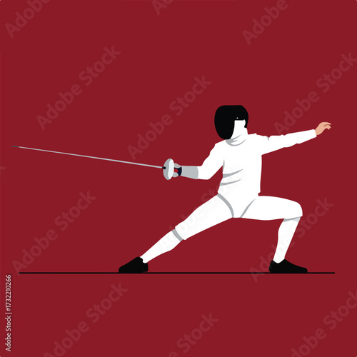 Fencer in white suit, mask, holding sword on burgundy