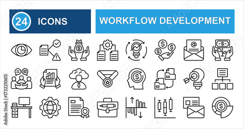 Minimalist business workflow development line icon set with editable stroke, featuring idea generation, project management, and investment projects in a clean thin linear illustration style.