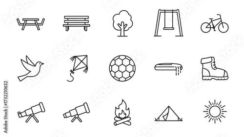 Set of outdoor activity icons simple line art vector illustration for recreation and leisure isolated on white background