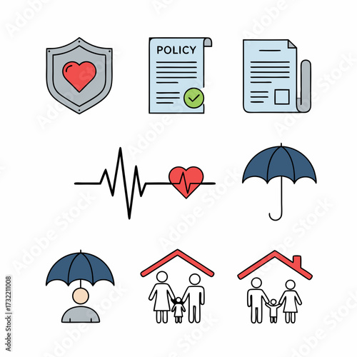Insurance services colored outline icon set. Vector symbols for health, life, home, and family protection policies.