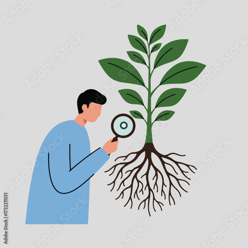 Person inspecting a plant with large root system using a magnifying glass