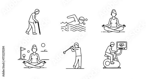 Senior sports and retirement recreation outline icon set. A collection of vector line art of elderly people exercising and playing golf.