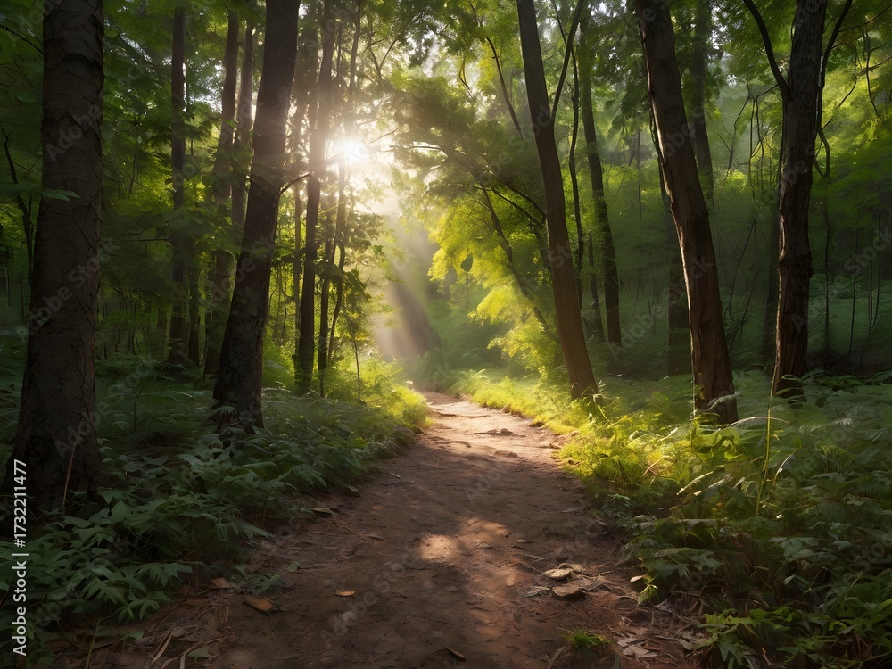 Naklejka premium Quiet Forest Path with Dappled Sunlight