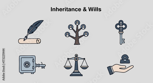 Inheritance and Wills colored outline icon set. Vector symbols for estate planning, legal assets, and family legacy concepts.