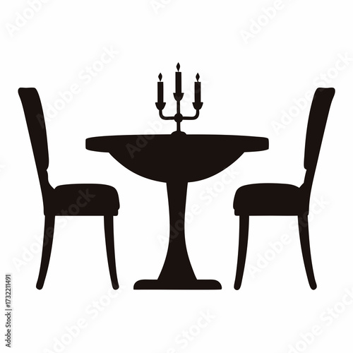 Elegant dining arrangement with round table, chairs, and candelabra silhouette design