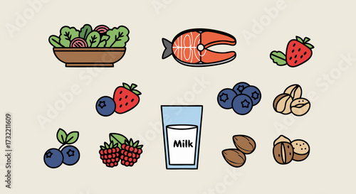 Healthy food colored outline icon set. A clean, modern vector collection for nutrition, balanced diet, and wellness concepts.