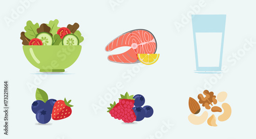 Healthy food and balanced diet icon set. A collection of flat vector illustrations for nutrition, wellness, and healthy lifestyle concepts.