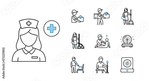 Home care and nursing support icon set. Colored outline vector symbols for caregivers, elderly assistance, and residential home services.