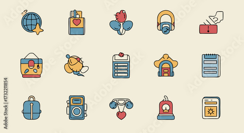 Eclectic universal icon set. A collection of colored outline vector symbols for lifestyle, love, travel, and various creative projects.