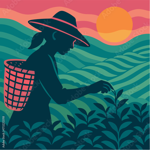 Female Tea Picker in Mountain Plantation Retro Illustration