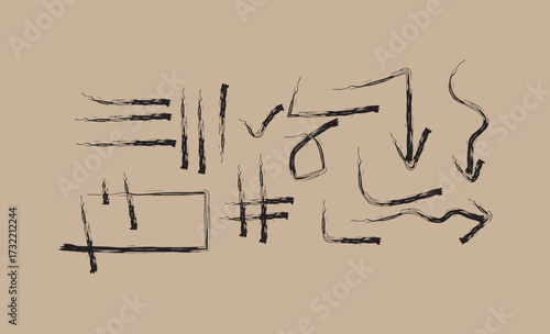 Collection of hand drawn abstract brush stroke arrows and shapes on a beige background