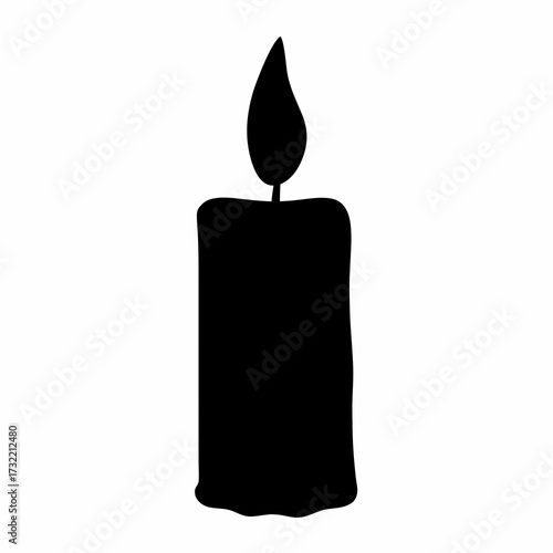 Black candle silhouette with a single flickering flame against a white background