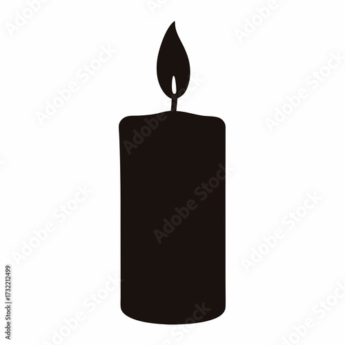 Stylized single black candle with burning flame silhouette on a white background