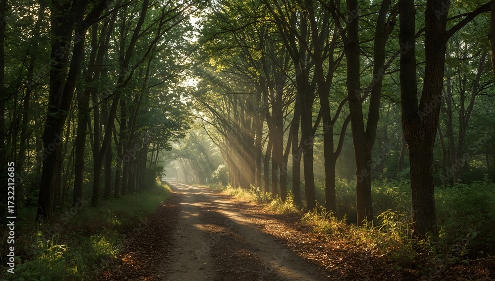 Obraz premium Quiet Forest Path with Dappled Sunlight