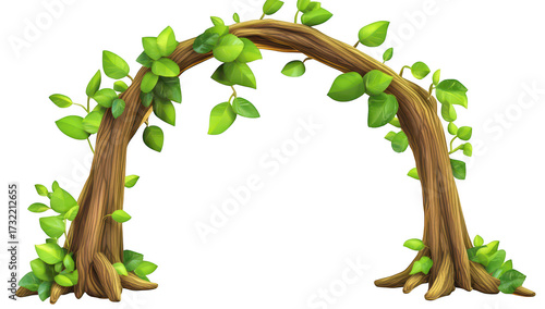 A whimsical archway made of intertwined wooden branches adorned with green leaves. set against a plain background. suggesting a magical entrance to a forest or garden
