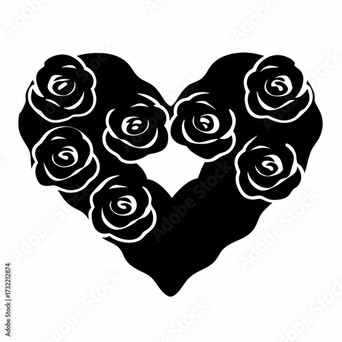 A simple, elegant, black and white floral heart filled with abstract roses