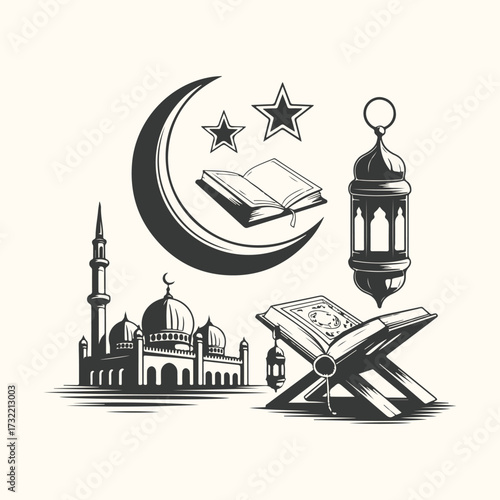 Vector art of islamic cultural elements including a mosque, crescent moon with stars, open books, and a lantern, symbolizing faith and tradition, isolated on a light background