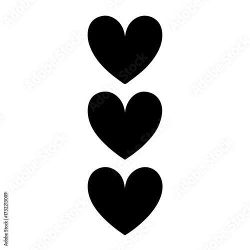 Three black hearts stacked vertically on a white background create a simple pattern