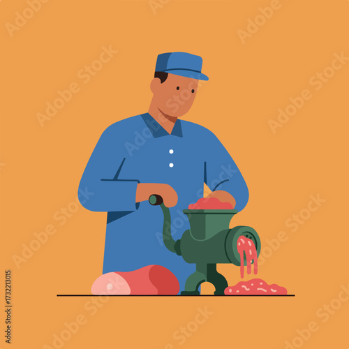 Man grinding meat with mincer in flat illustration style on solid orange background