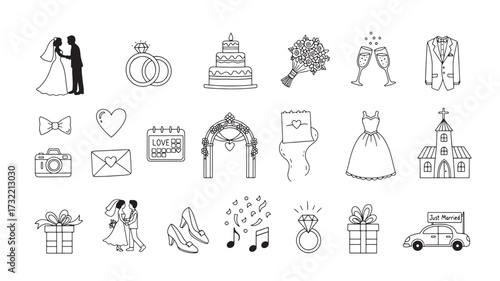 Wedding icon set hand-drawn vector illustration of marriage elements perfect for invitations and decorations