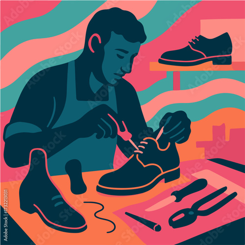 Shoemaker Artisan Repairing Shoes in Retro Workshop Design