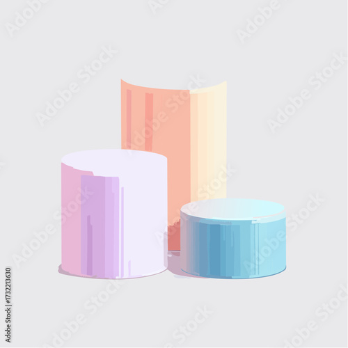 Three colorful cylindrical objects in pastel shades of pink, blue, and yellow on a plain white background.