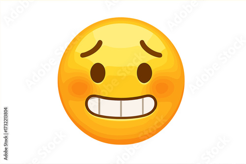 Awkward nervous emoji with an embarrassed grimacing smile. Vector emoticon showing teeth. Uncomfortable, oops face. Guilty, anxious expression. Yellow smiley icon for chat.