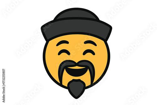 Asian emoticon with traditional look. Vector yellow smiley emoji with mustache, beard and hat. Happy chinese man face. Wise old sage character from China. Cartoon illustration.