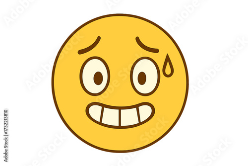 Awkward nervous emoticon with an embarrassed grimace. Vector emoji smiley with anxious expression and sweat drop. Worried yellow face icon for stress or social anxiety.