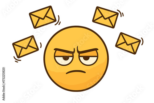 Annoyed emoticon overwhelmed by email spam. Concept for information overload, junk mail, and digital communication stress. Frustrated emoji face with too many messages. Vector.
