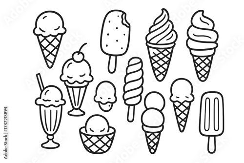 Set of hand drawn ice cream doodles. Vector outline illustration collection of summer desserts. Sweet food icons like cone, popsicle, gelato, and soft serve for menu or design.
