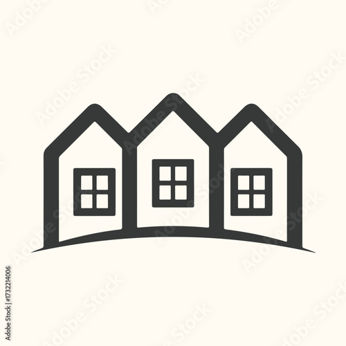 Vector art of simple graphic illustration of three connected houses with windows, representing a neighborhood or community, set against a neutral background, conveying a sense of home and shelter