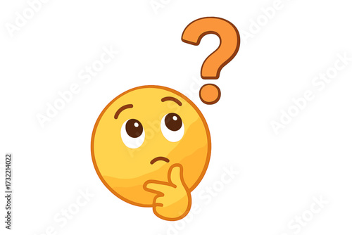 Thinking face emoji with question mark. Concept of problem solving, curiosity, inquiry and finding solutions. Pondering, questioning, doubts. Cute emoticon character. FAQ icon.