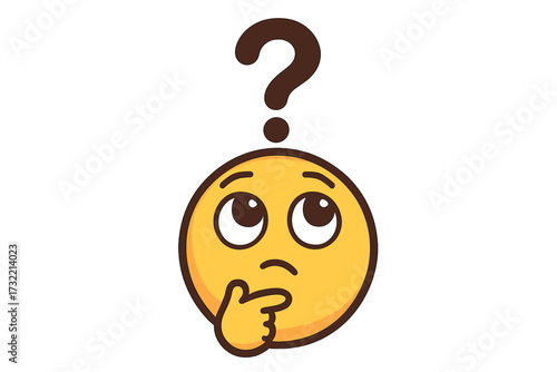 Thinking emoji with question mark. Concept for problem solving, curiosity, questions, doubts and finding solutions. Pensive face with hand on chin. Vector character illustration.