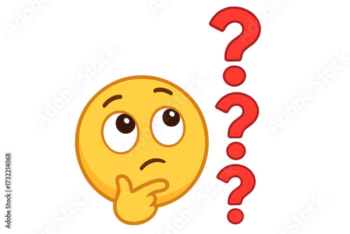 Thinking emoji with question marks. Concept of doubt, confusion, curiosity, and learning. Pondering face icon. Problem solving, seeking answers, help, support. FAQ symbol.