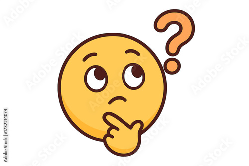 Thinking face emoji with question mark. Concept of problem solving, curiosity, questions, doubts and solutions. Pondering, contemplating, brainstorming, idea. Vector icon.
