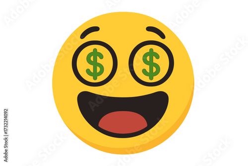 Money eyes emoji vector. Rich smiley with dollar signs. Concept of wealth, success, greed, profit, lottery win. Business finance icon. Cartoon character jackpot expression.