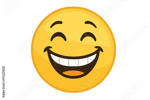 Beaming face with smiling eyes emoji. Happy emoticon character laughing. Cheerful smiley with big grin. Vector icon for expressing joy and positive feelings. Cute avatar.