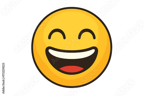 Happy emoticon character smiling. Smiley emoji vector icon with joyful expression. Concept of positive emotion. Cheerful laughing face illustration. Grinning communication symbol.