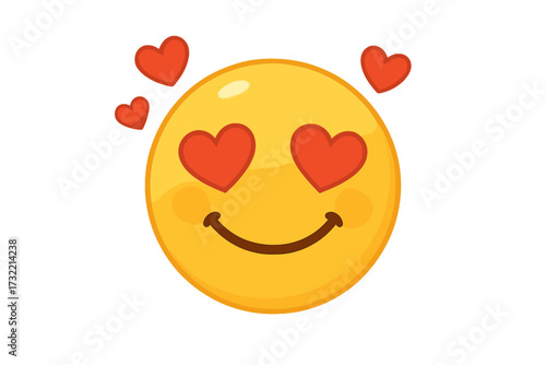 Emoticon in love with heart eyes vector illustration. Cute yellow smiling face showing affection, romance and adoration. Valentine's day passion symbol. Cartoon character icon.
